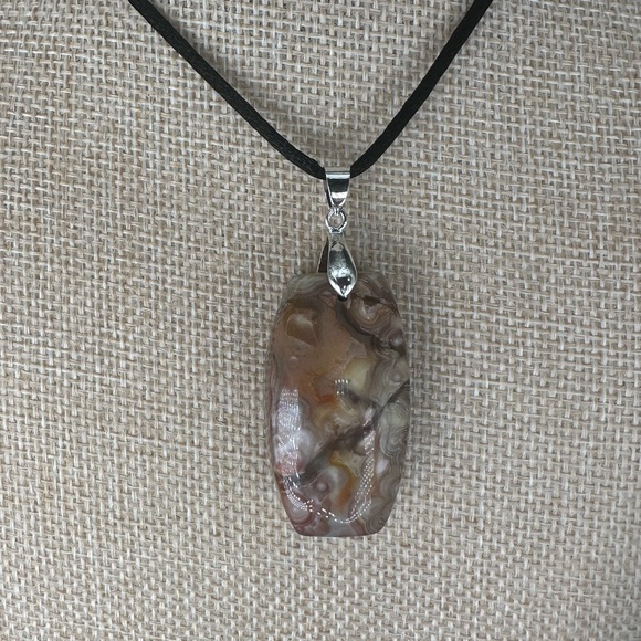 Crazy Lace Agate Laughter Stone Pendant Necklace on Black Satin Rope - Picture 2 of 14